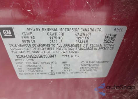 2011 Chevrolet Equinox 2Lt z USA, uszkodzony, nr VIN 2CNFLNEC5B6333947